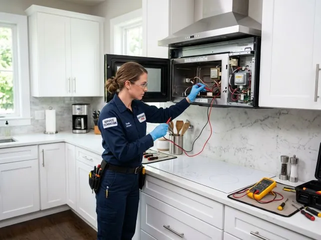 Appliance Repair Hero technician testing an over-the-range microwave in a Berkeley, IL kitchen
